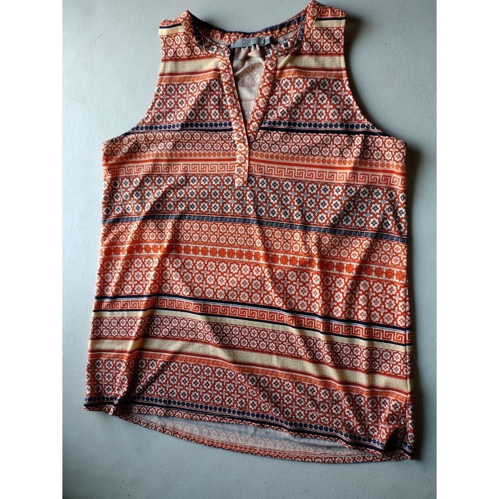 Dalia Women Orange Navy Geometric Tile Print Split Neck Sleeveless Blouse Size M